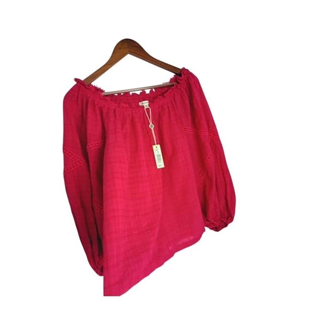 Max Studio NWT Cerise Pink Cotton Gauze Off Shoulder Blouse Crochet Lace S/M